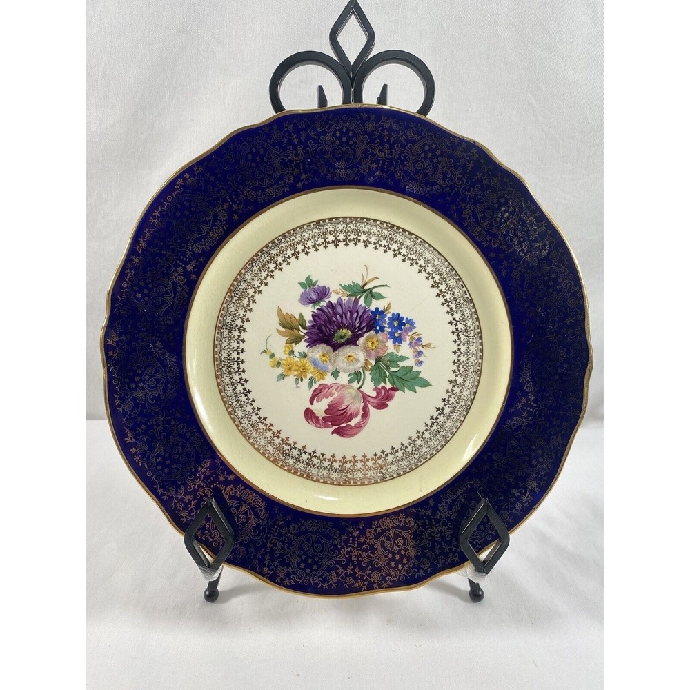 Steubenville Floral Dinner Plate Cobalt Blue w/ Gold Trim 10.75” #25